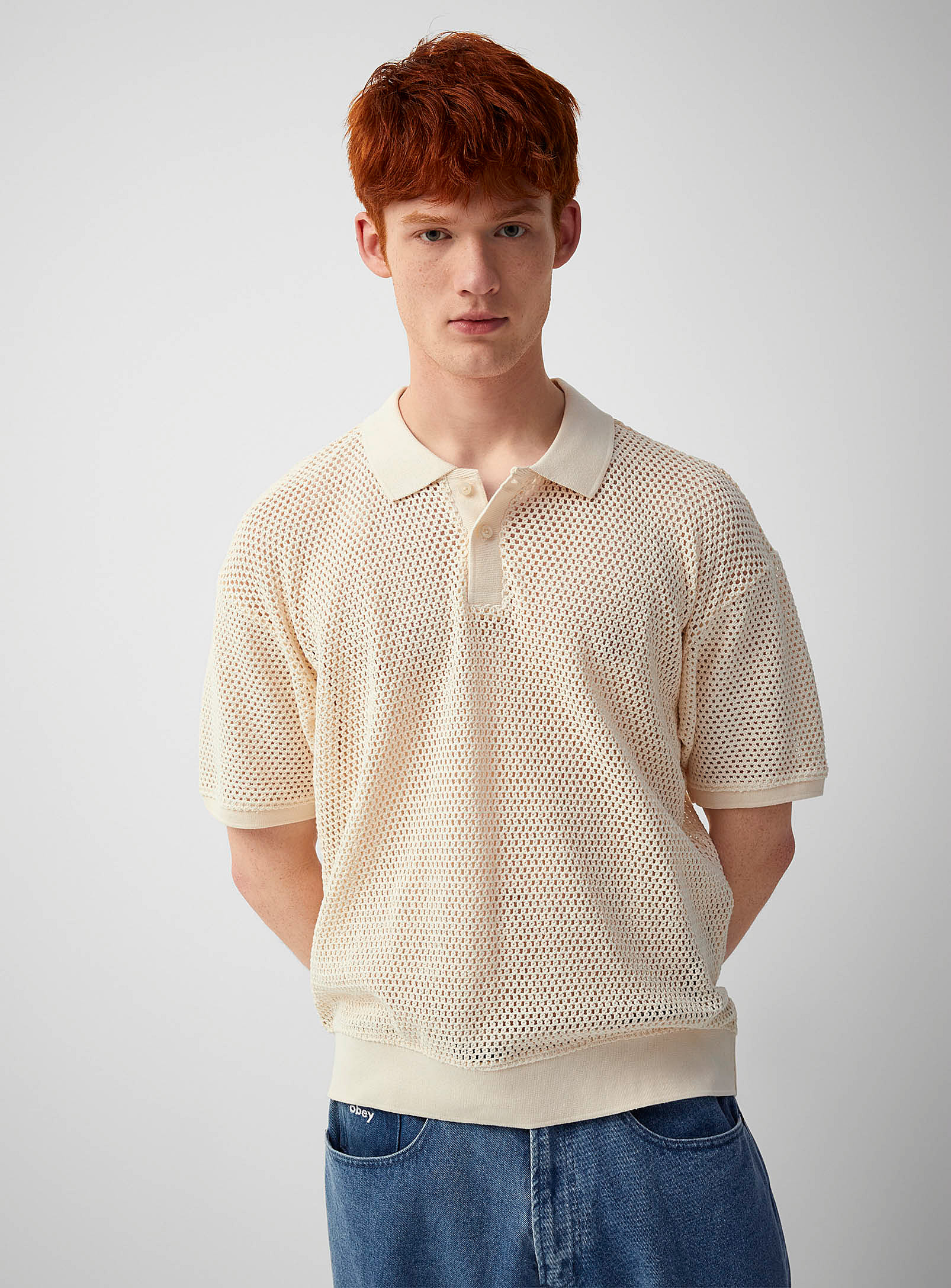 Obey - Men's Cream crochet Polo Shirt