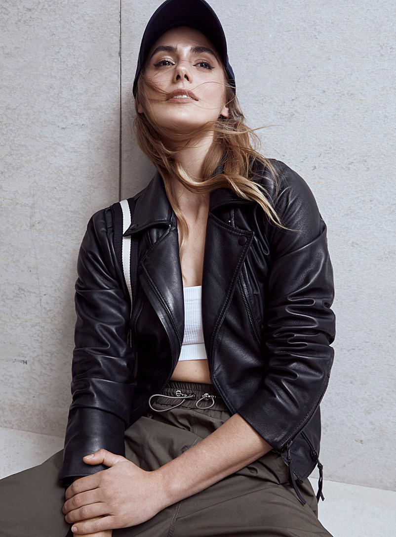 Icône Black Monochrome leather biker jacket for women
