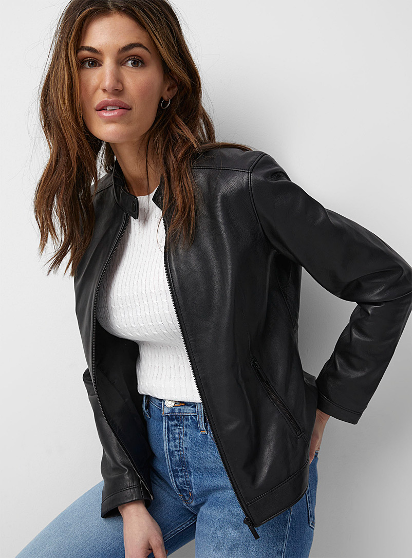 Contemporaine Black Round-neck zipped leather jacket for women