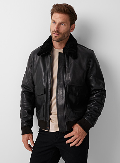 Sly & Co Black Sherpa-collar leather jacket for men