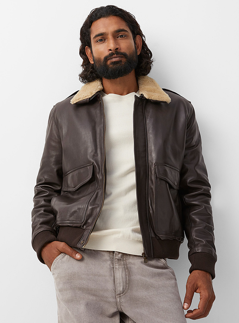 Sly & Co Dark Brown Sherpa-collar leather jacket for men