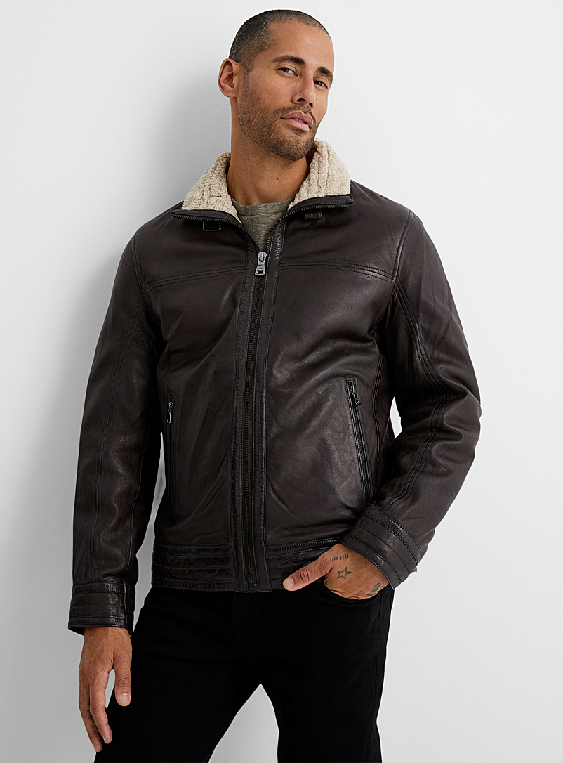 Sly & Co Dark Brown Sherpa-collar biker jacket for men