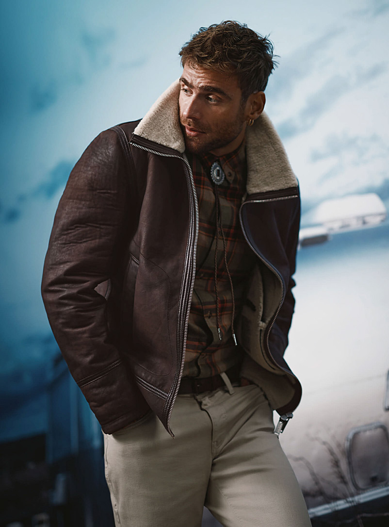 Sly & Co: La veste en cuir Mukabi doublée Sherpa Brun pour homme