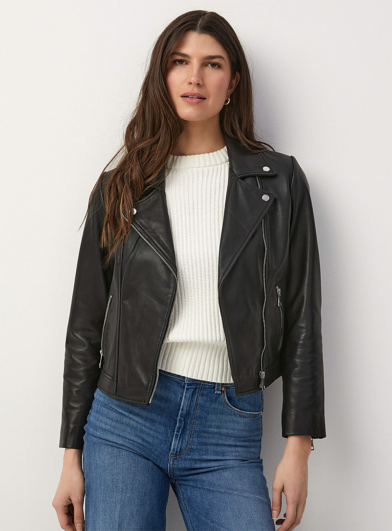 Contemporaine Black Black leather biker jacket for women