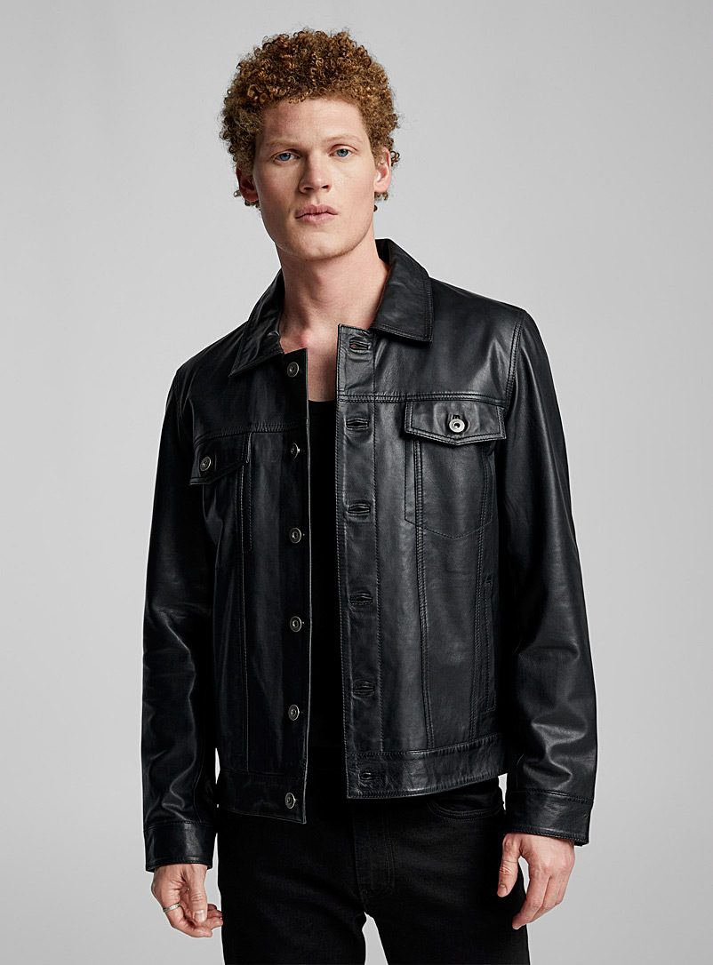 Sly & Co Black Leather Trucker jacket for men