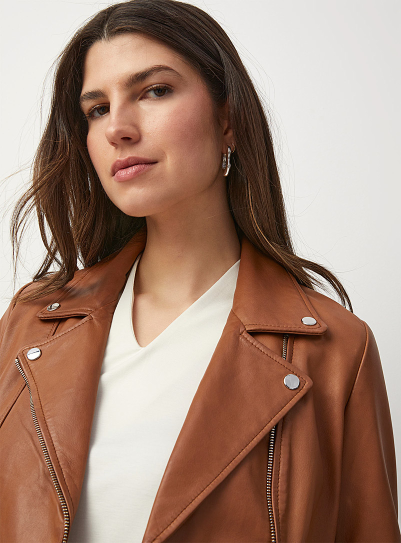 Contemporaine Cognac Brown leather biker jacket for women