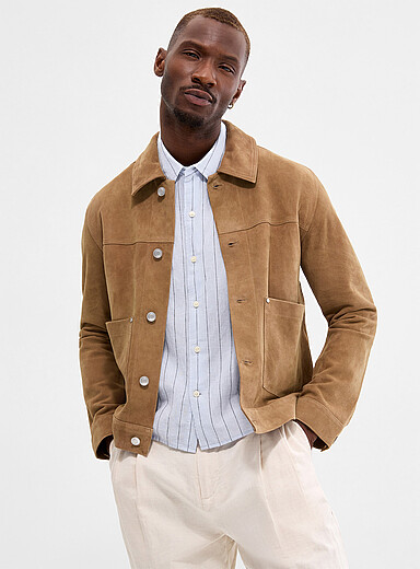 Sly & Co Taupe Patch pocket genuine suede jacket for men