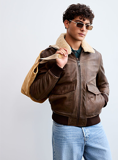 Shearling-collar leather aviator jacket