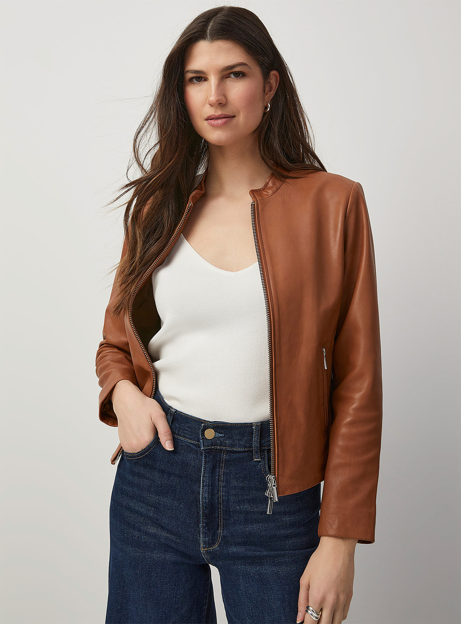 Contemporaine Brown Leather Crew-neck Jacket In Fawn