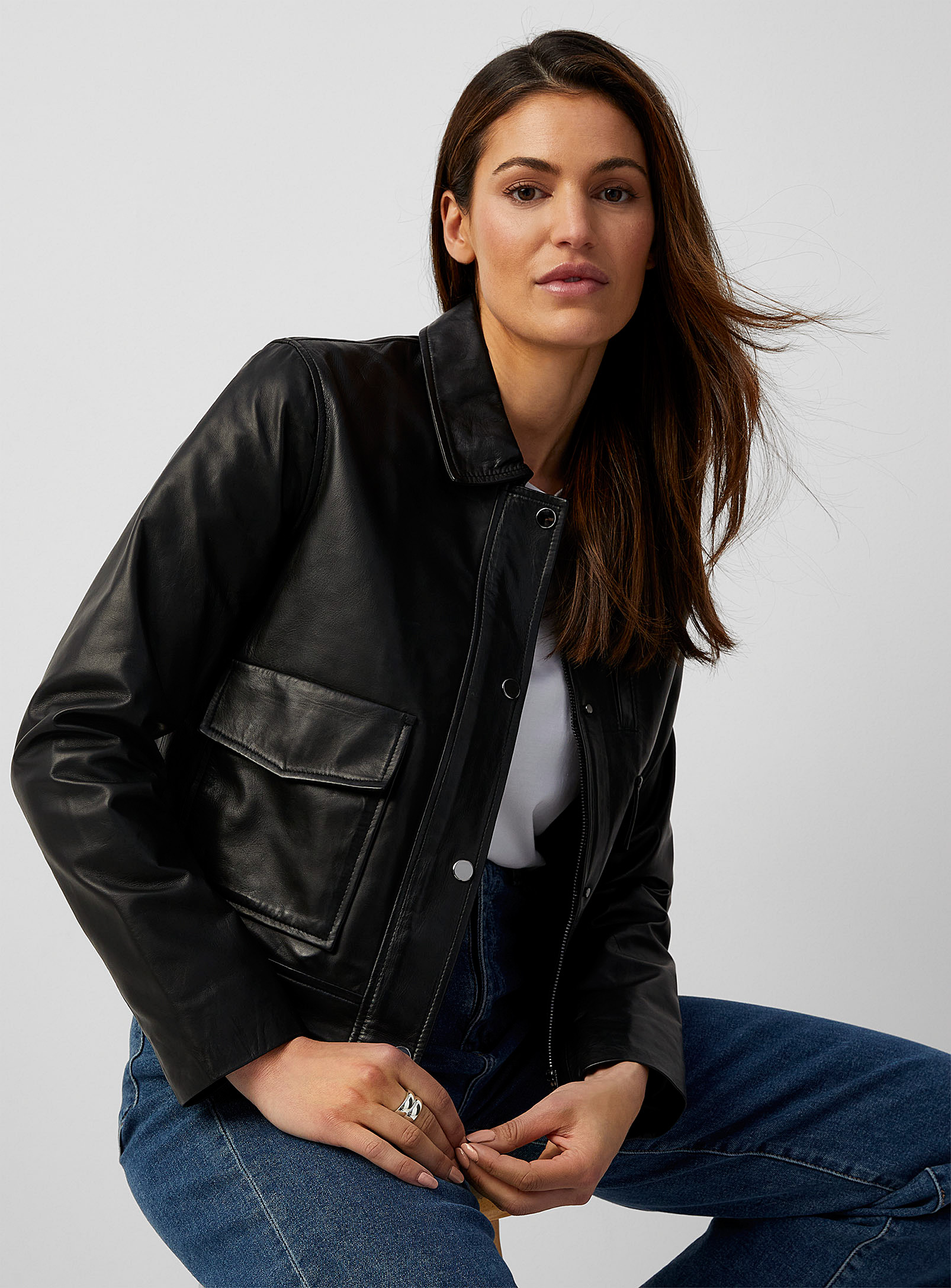 Contemporaine - Women's Shirt-collar leather jacket