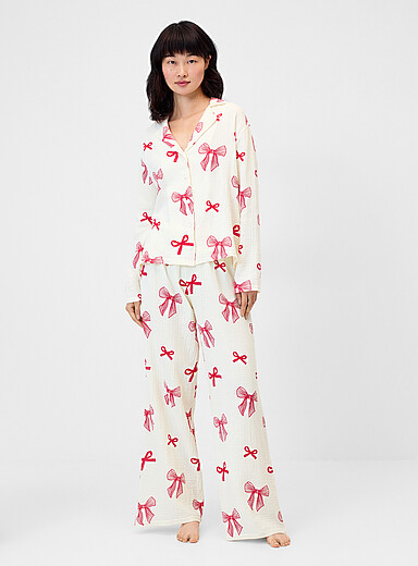 Miiyu Patterned White Cute pattern gauze pyjama set for women