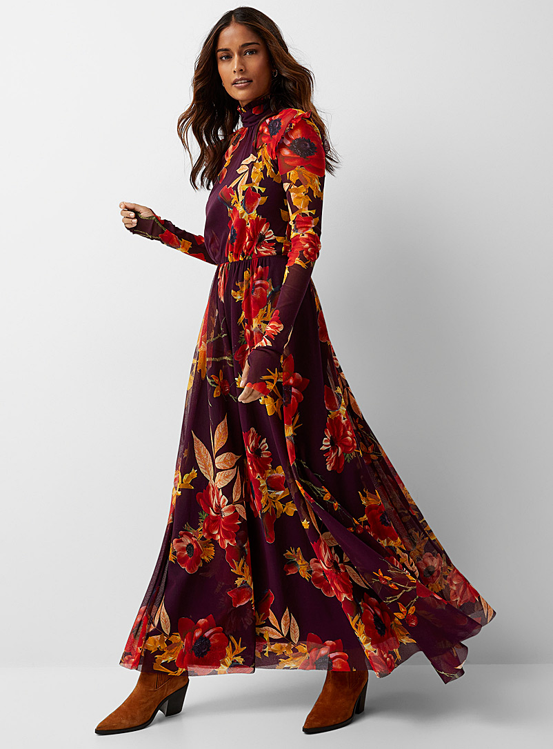 FUZZI: La robe tulle bouquet ardent Rouge foncé-vin-rubis pour femme
