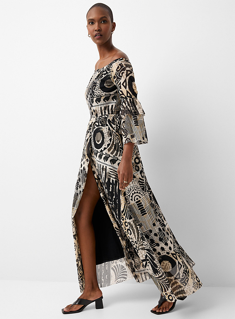 FUZZI: La robe tulle abstraction élégante Écru à motifs pour femme