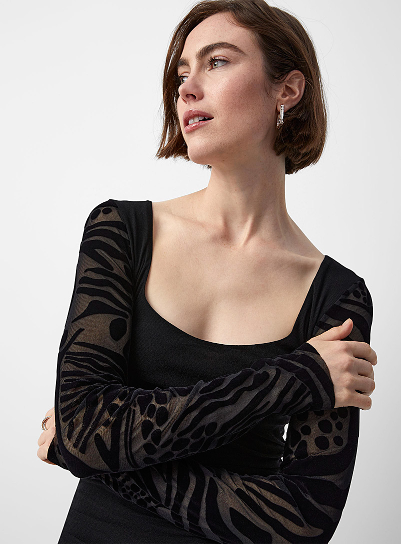 FUZZI Black Flocked-sleeve ruched dress for women