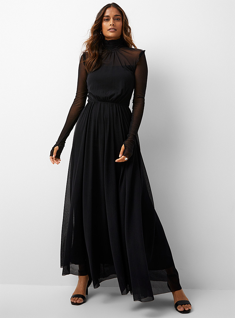 FUZZI: La longue robe tulle à frisons Noir pour femme