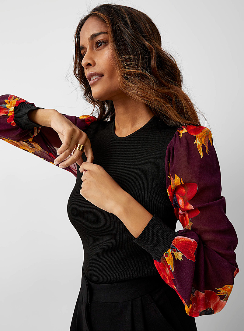 Bright bouquet sheer-sleeved sweater 