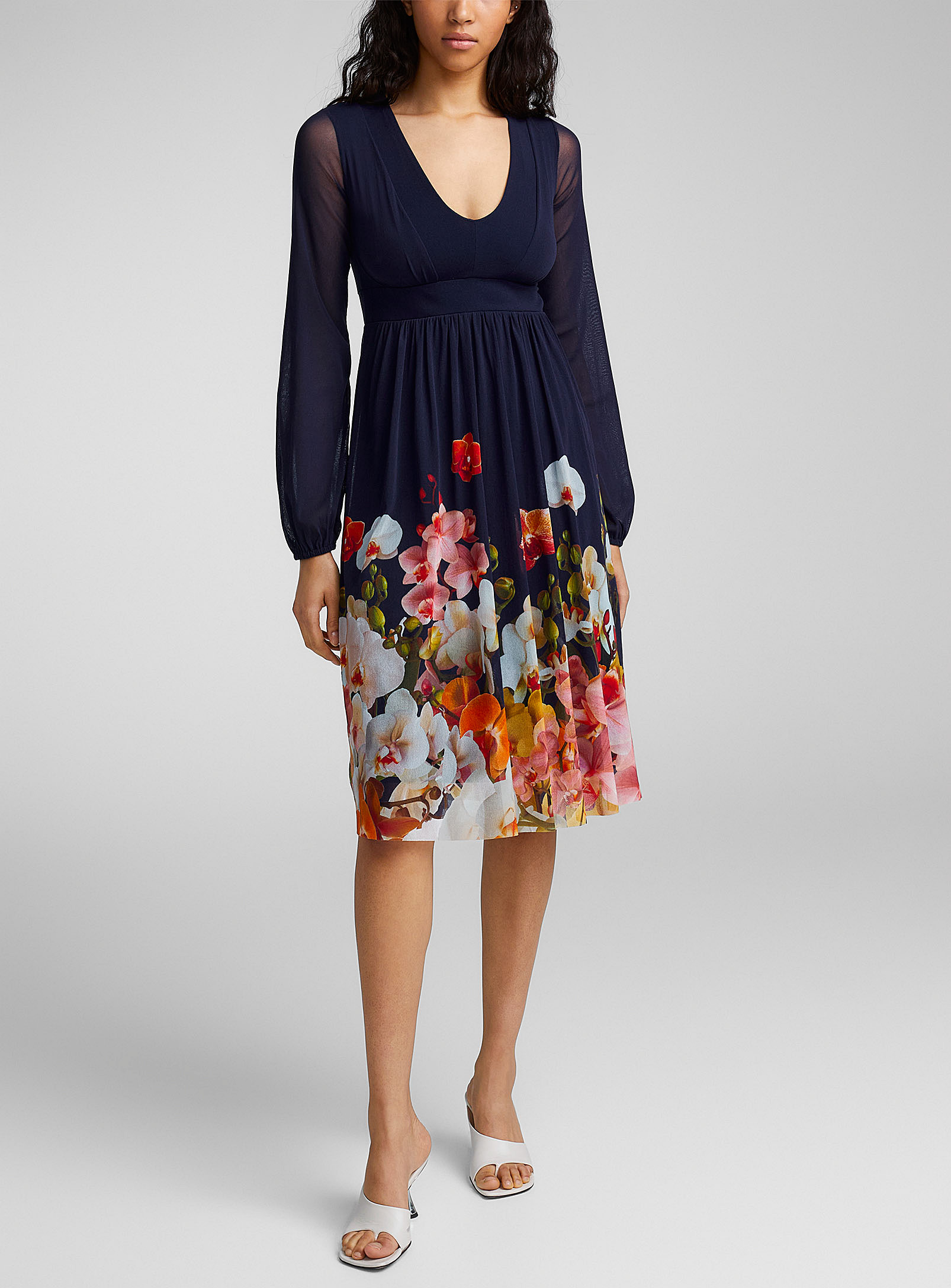 Fuzzi Floral Tulle Dress In Navy/midnight Blue