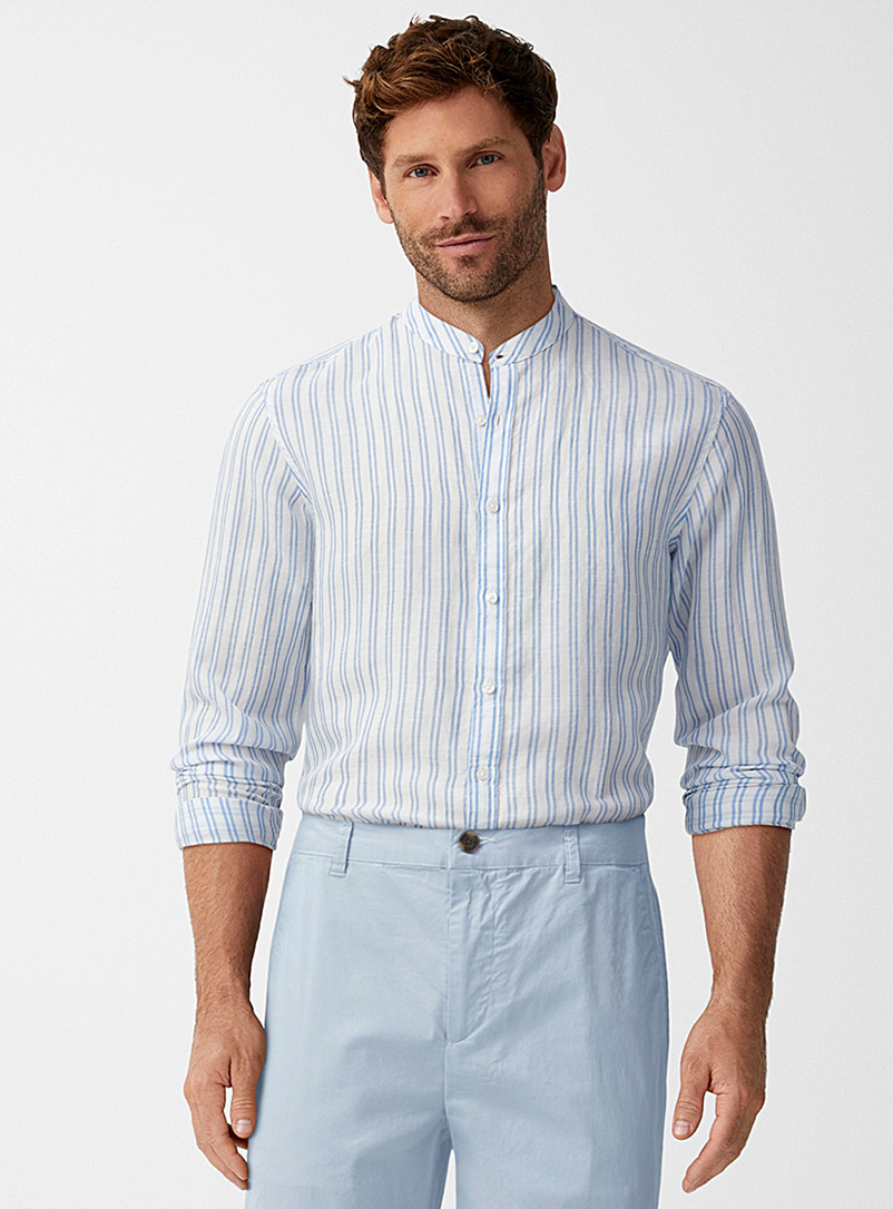 Michael Kors Blue Striped linen officer-collar shirt for men