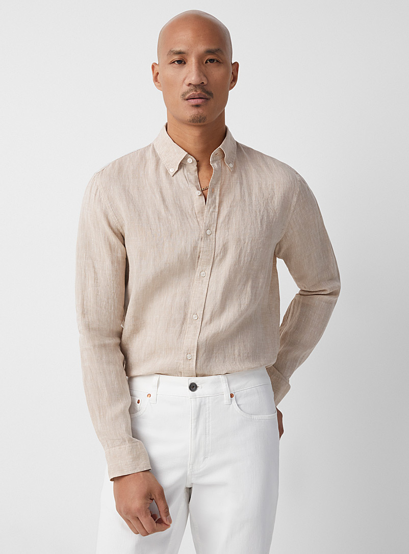 Michael Kors: La chemise pur lin chambray Coupe semi-ajustée Tan beige fauve pour homme