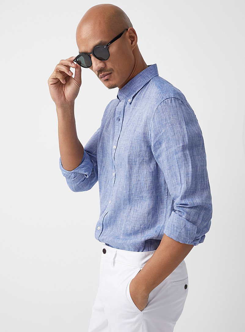 Michael Kors Sapphire Blue Chambray 100% linen shirt Semi-slim fit for men
