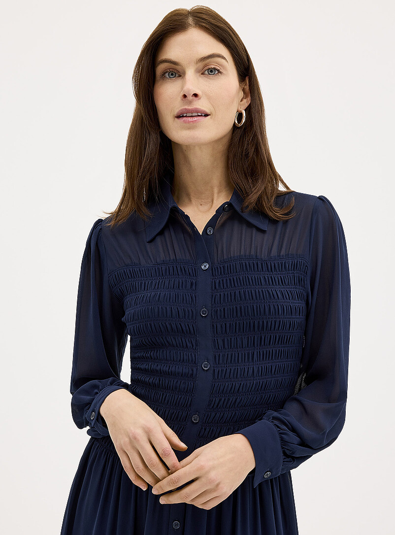 Michael      Michael Kors: La robe chemise smock&eacute;e cr&ecirc;pe vaporeux Bleu marine - Bleu nuit pour femme
