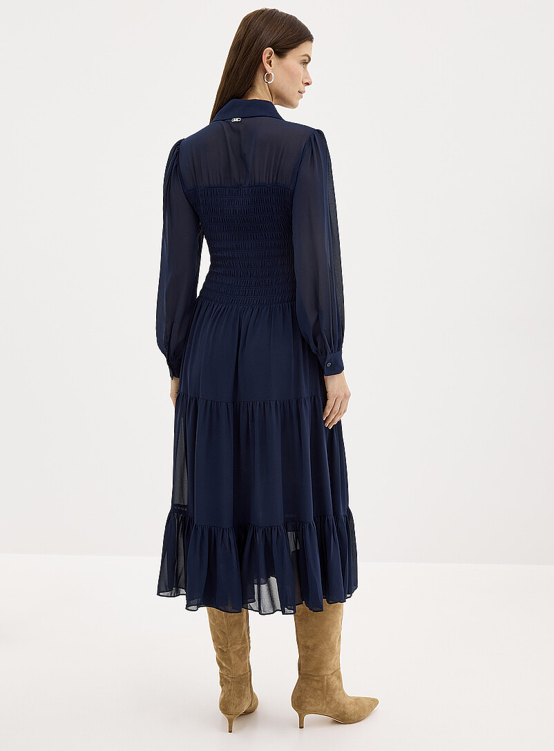 Michael      Michael Kors: La robe chemise smock&eacute;e cr&ecirc;pe vaporeux Bleu marine - Bleu nuit pour femme