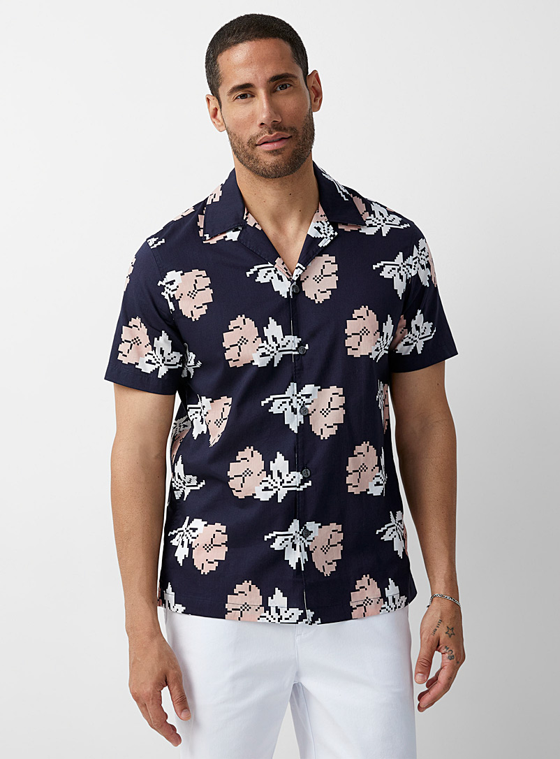 Michael Kors Marine Blue Pixelated flower camp shirt for men