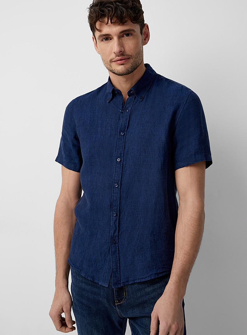 Michael Kors Indigo/Dark Blue Minimalist pure linen shirt for men