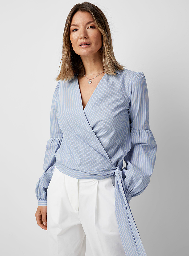 Michael      Michael Kors Blue Puff-sleeve striped wrap shirt for women