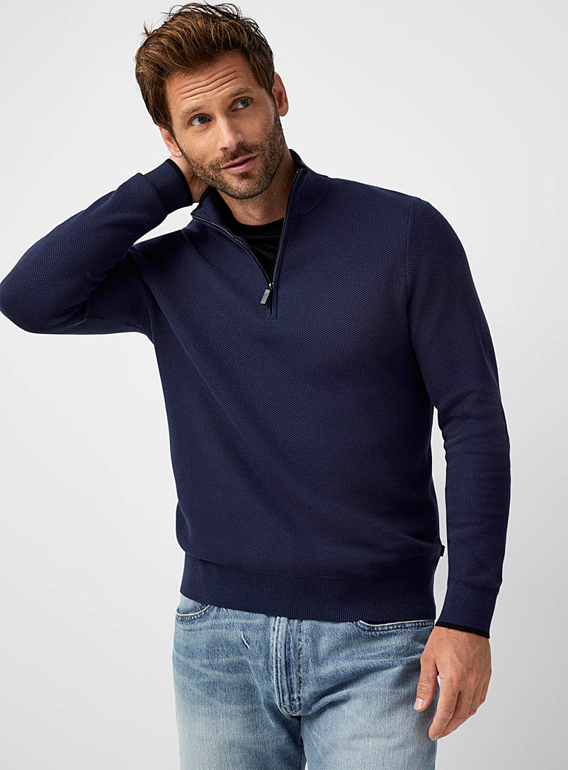 Michael Kors Marine Blue Zip-neck piqué knit sweater for men