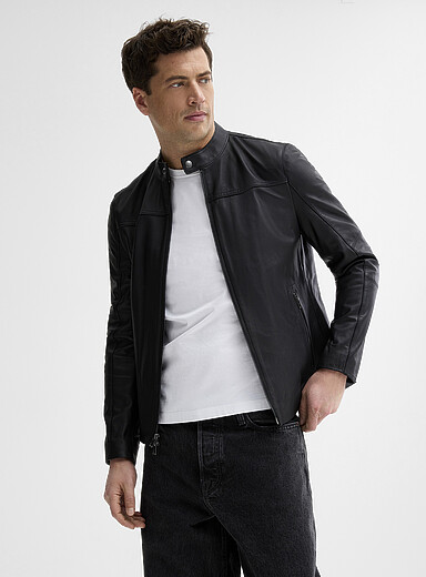 Michael Kors: La veste de cuir moto &eacute;pur&eacute;e Noir pour homme