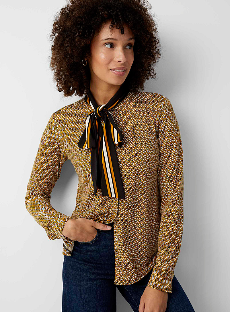 Michael      Michael Kors Dark Yellow Signature mosaic tie-neck blouse for women