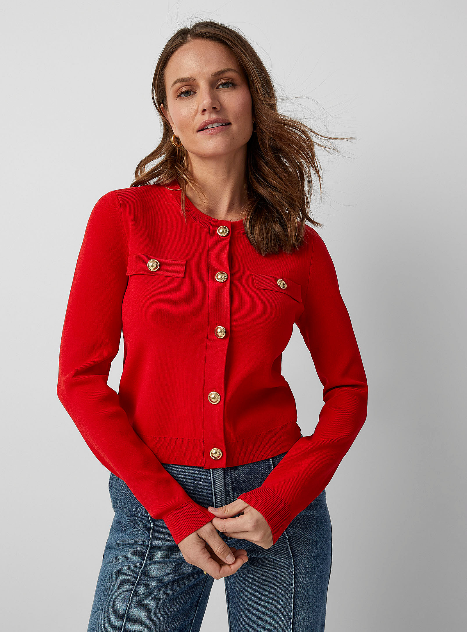 Michael Michael Kors Golden Buttons Scarlet Cardigan In Red