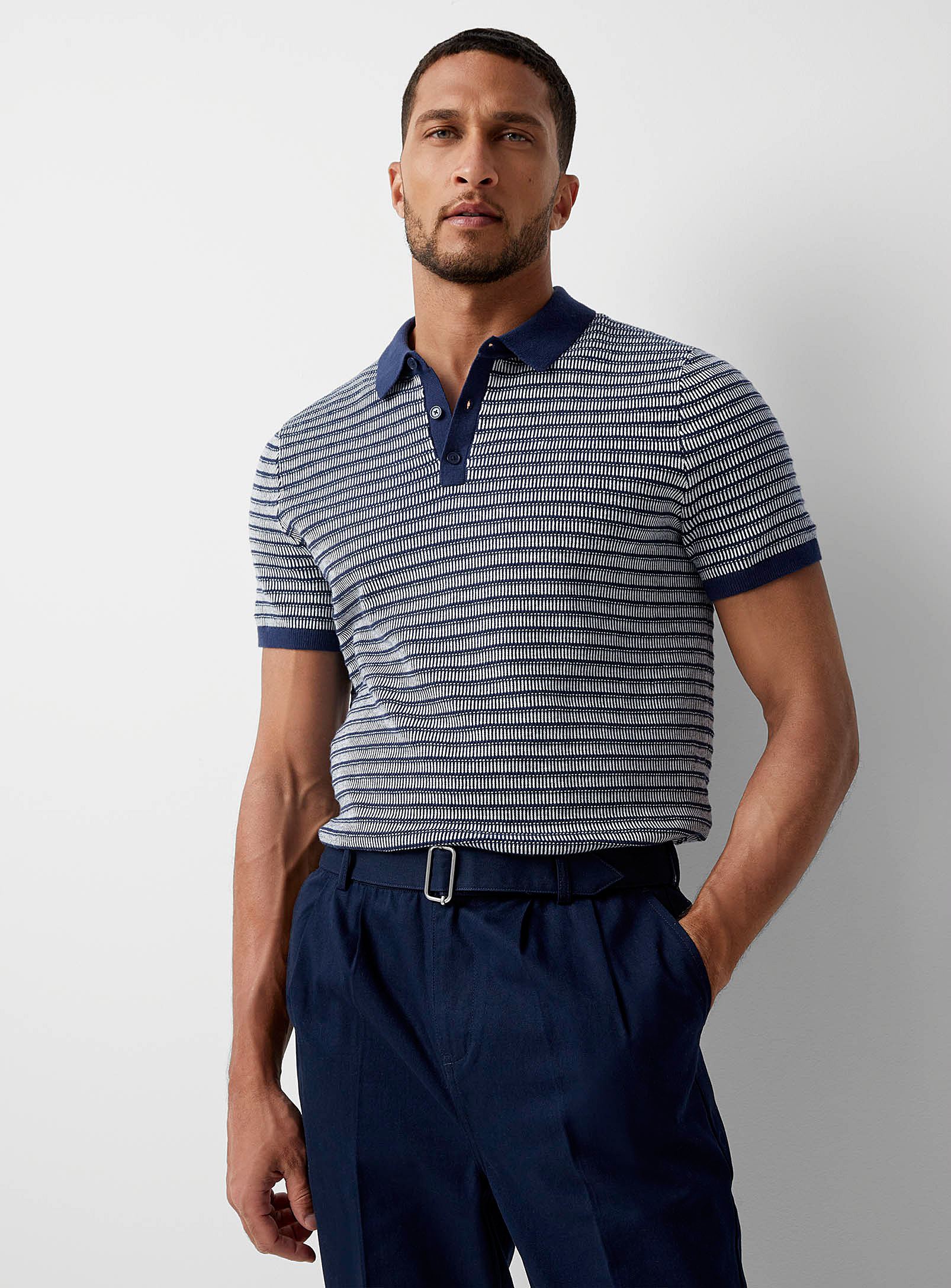 Shop Michael Kors Textured Stripe Knit Polo In Navy/midnight Blue