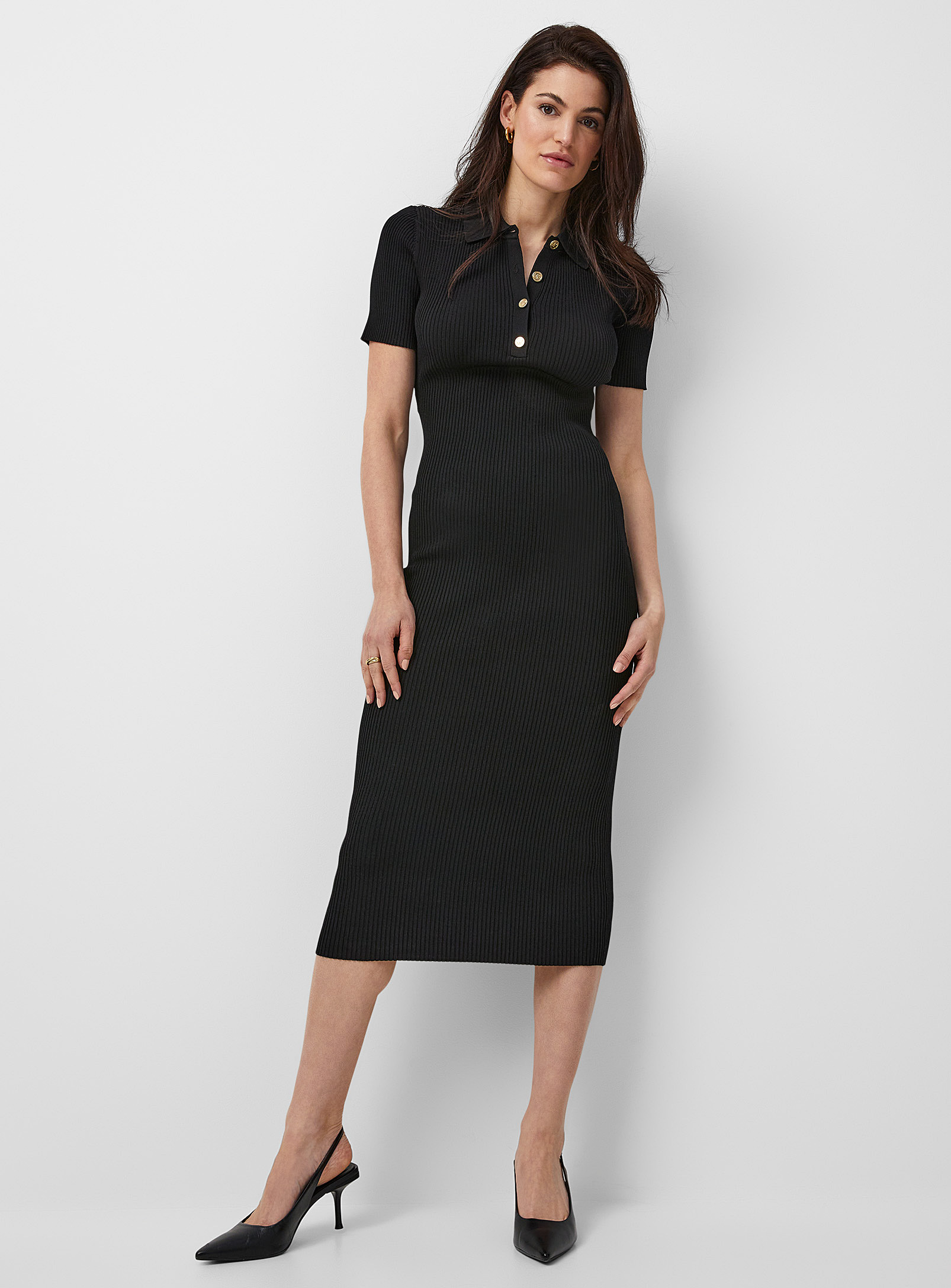 Michael Michael Kors Polo-collar Form-fitting Ribbed Dress In Black