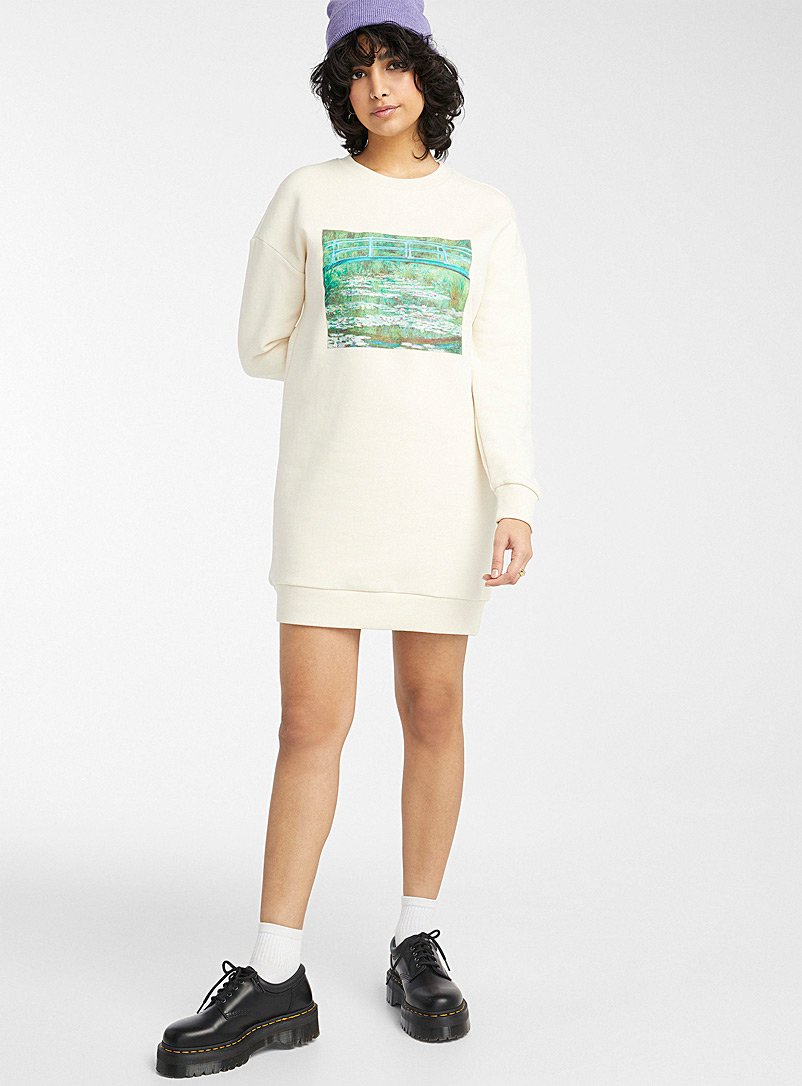 Twik Cream Beige Whimsical artwork organic cotton sweatshirt dress for women