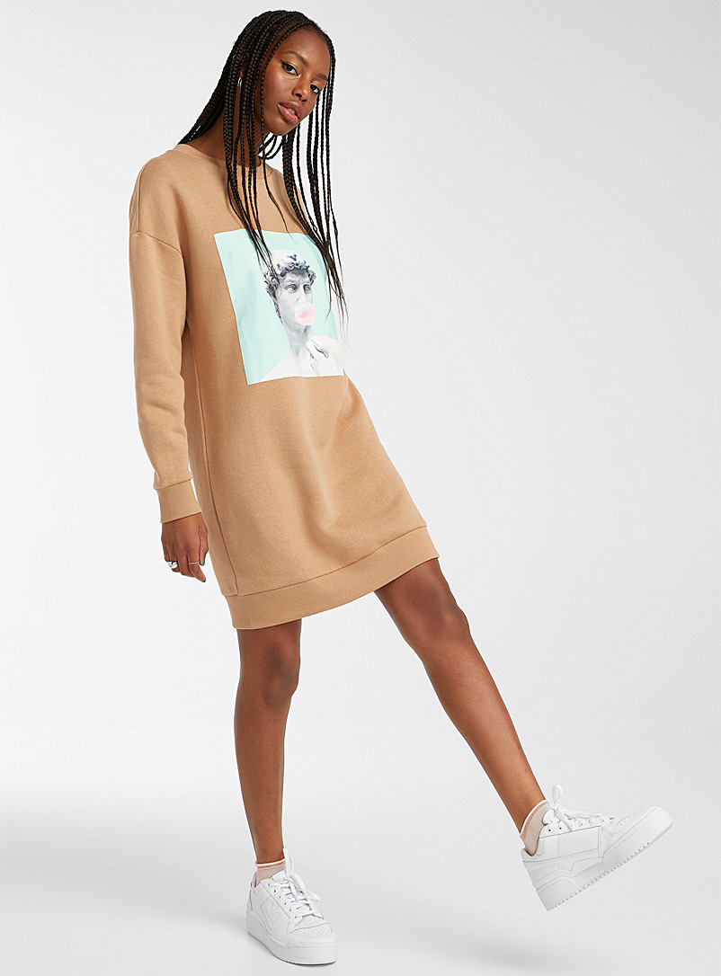 Twik Ecru/Linen Whimsical artwork organic cotton sweatshirt dress for women
