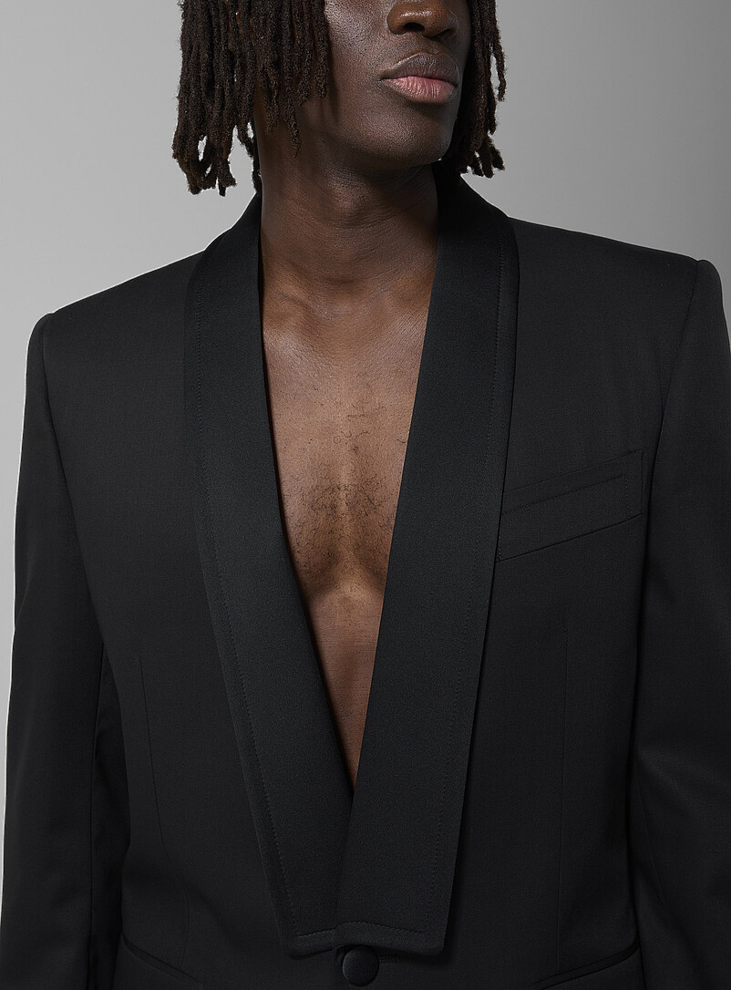 Vivienne Westwood: Le veston smoking col ch&acirc;le satin&eacute; Noir pour homme