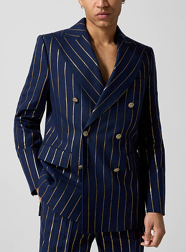 Vivienne Westwood: Le veston double boutonnage Captain rayures dor&eacute;es Bleu marine - Bleu nuit pour homme