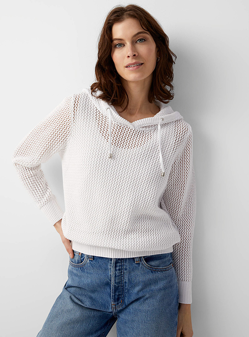 Contemporaine White Hooded mesh sweater for women