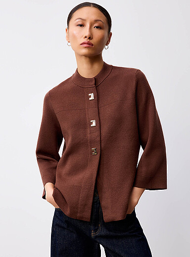 Contemporaine Chocolate/Espresso Geometric buttons 3/4-sleeve cardigan for women
