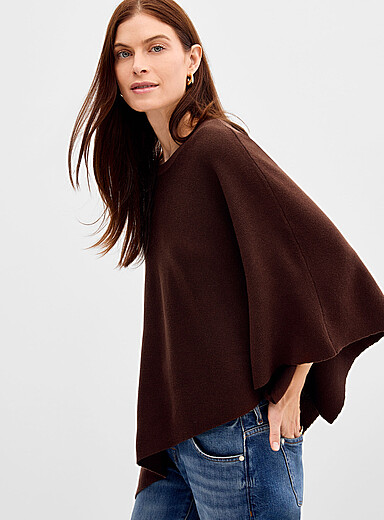 Contemporaine: Le poncho asym&eacute;trique tricot extensible Chocolat - Espresso pour femme