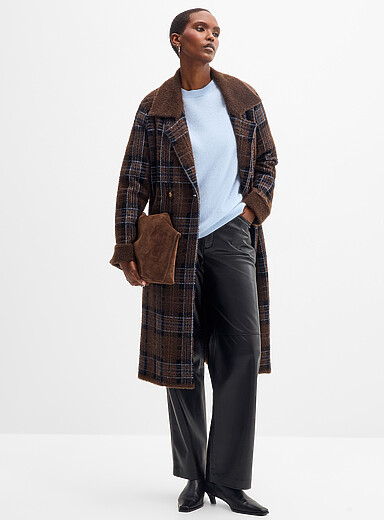 Contemporaine Patterned Brown Long plaid fuzzy knit cardigan-blazer for women