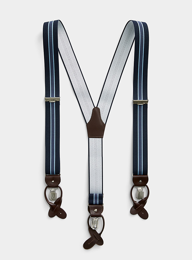 Profuomo Navy/Midnight Blue Leather-detail blue-stripe suspenders for men