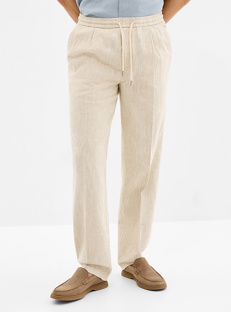Profuomo Off White Heathered beige cotton-linen pant <b>Straight fit</b> for men