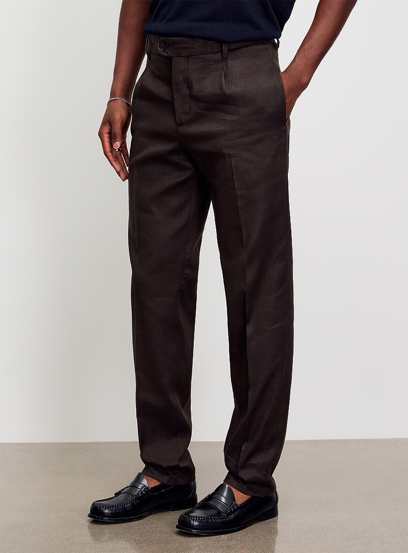 Profuomo Brown Cotton-linen pleated pant <b>Loose fit</b> for men