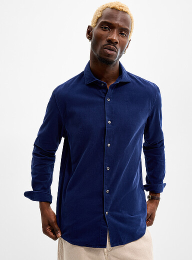 Profuomo Blue Fine-wale corduroy shirt <b>Modern fit</b> for men