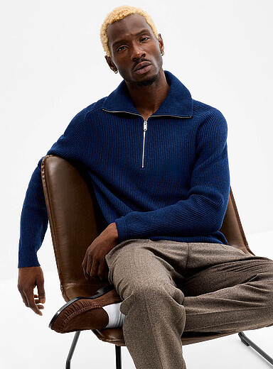 Profuomo Indigo Zip-up mock-neck ribbed sweater for men