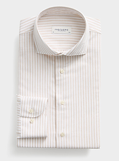 Profuomo Ecru/Linen Vertical twin-stripe flannel shirt <b>Slim fit</b> for men