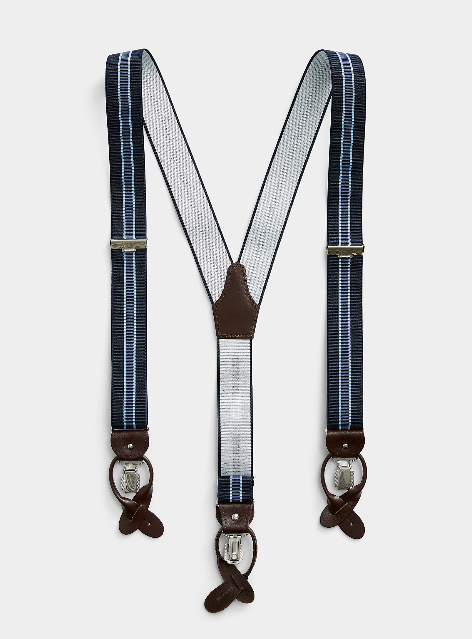 Profuomo Leather-detail Blue-stripe Suspenders